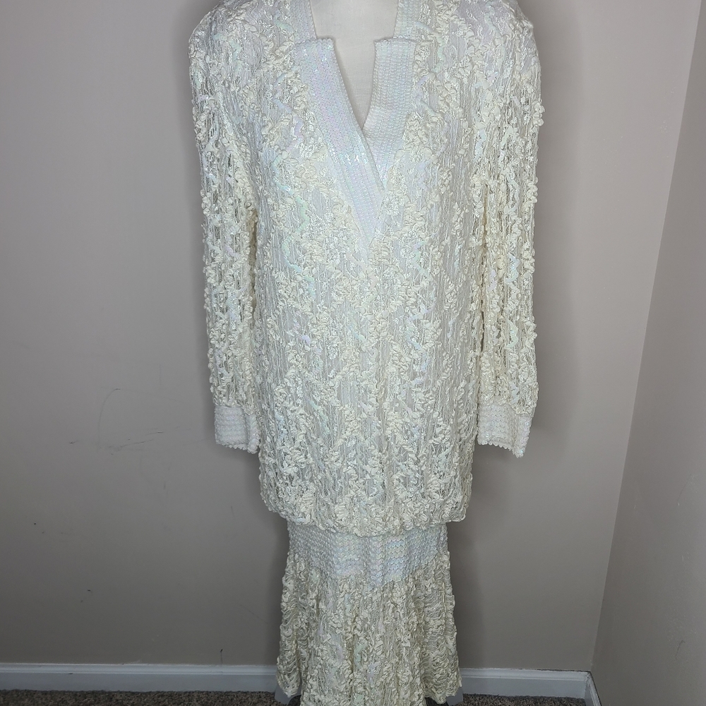 Vintage Damianou 80s Cream Lace Ribbon & Sequined Flapper‎ Blouson Dress M